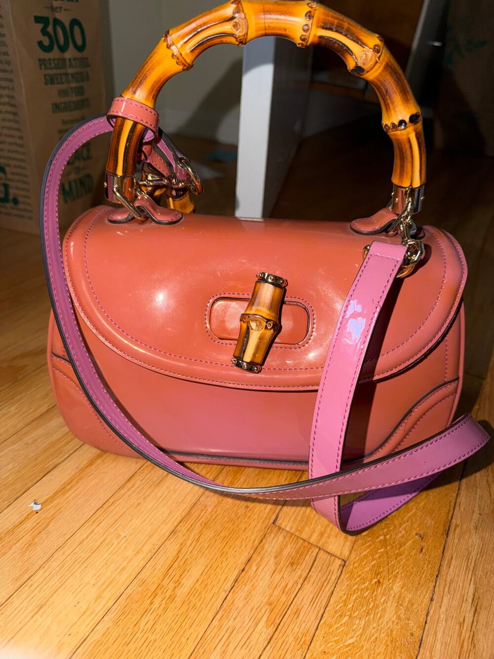 Gucci New Bamboo 254884 Coral Patent Leather Handbag